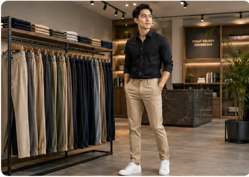 Model pria memakai celana chino di store CELANA.id
