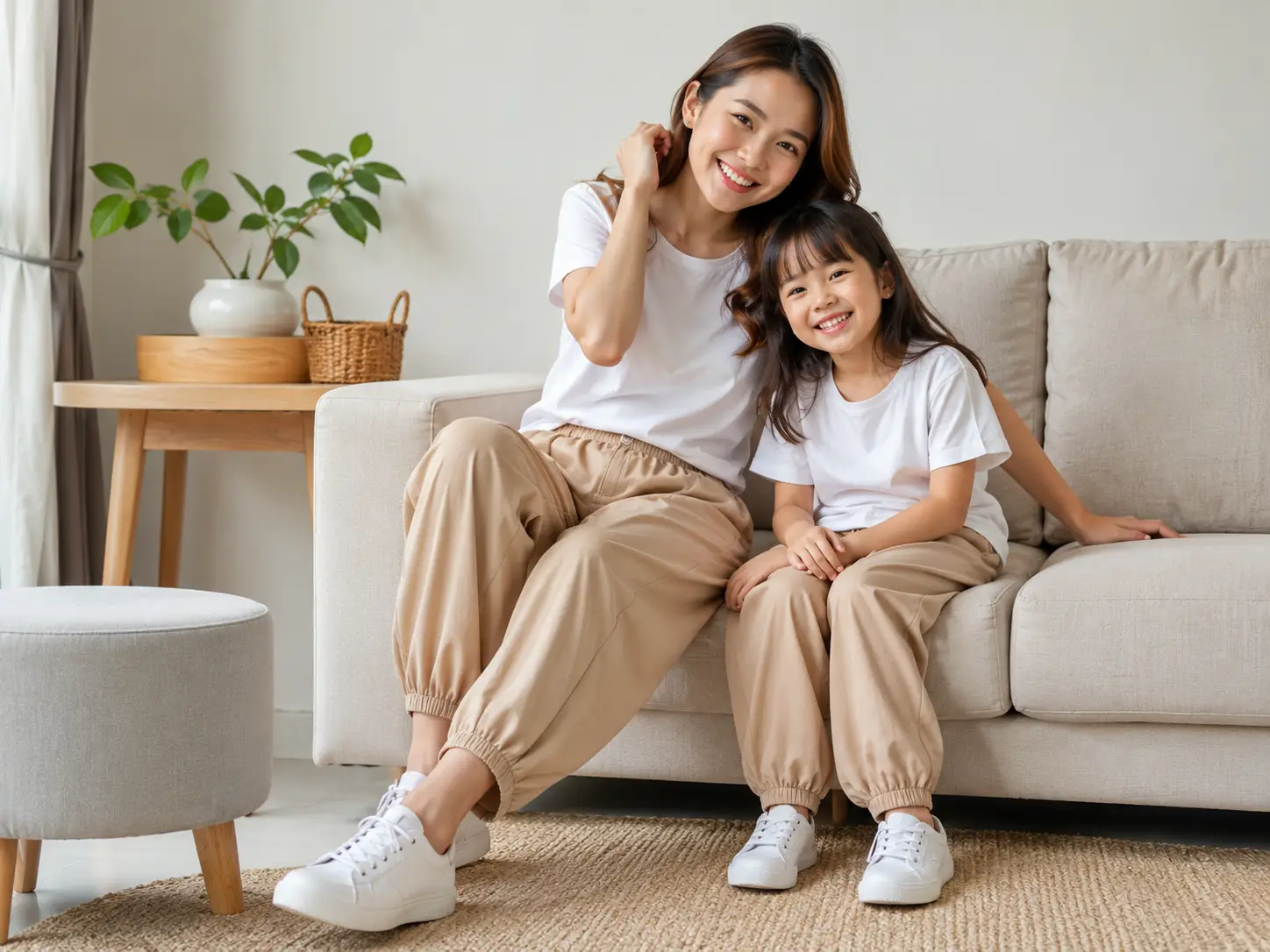 Ibu dan anak memakai celana casual harian